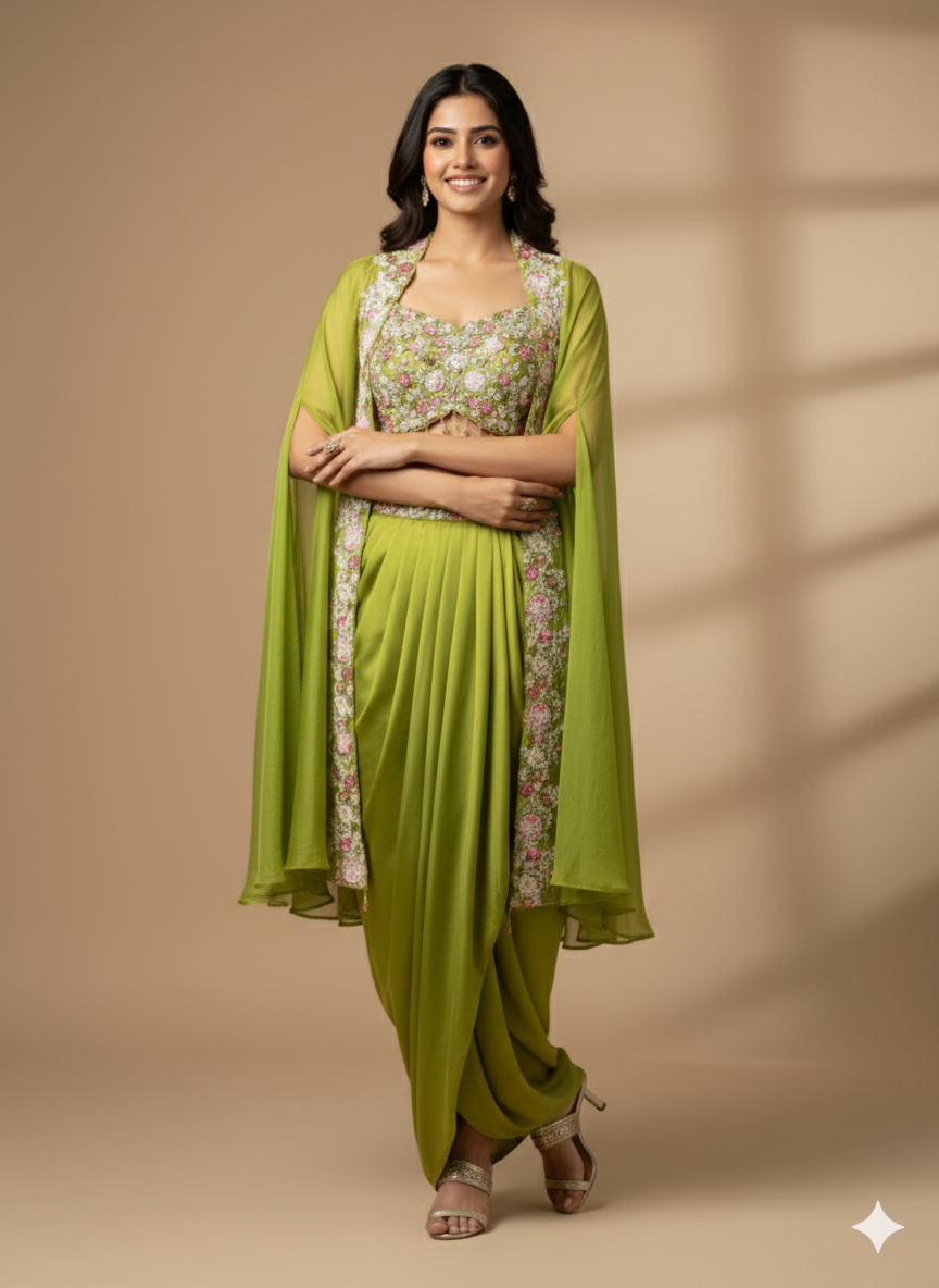 Designer Green 3-Piece Cape Style Ethnic Wear Set for Women